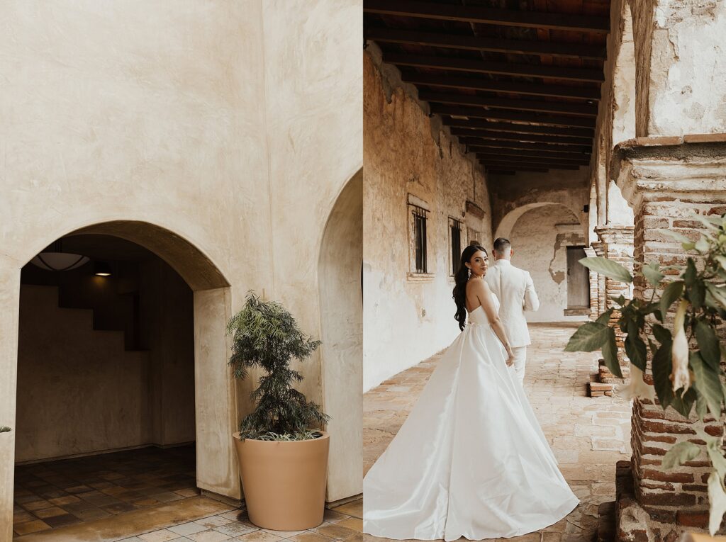 Bride and groom first look at Serra Plaza in San Juan Capistrano Photographer Nicole Kirshner