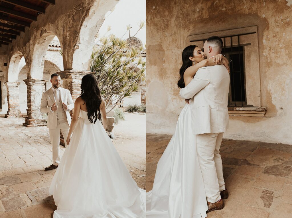 Bride and groom first look at Serra Plaza in San Juan Capistrano Photographer Nicole Kirshner