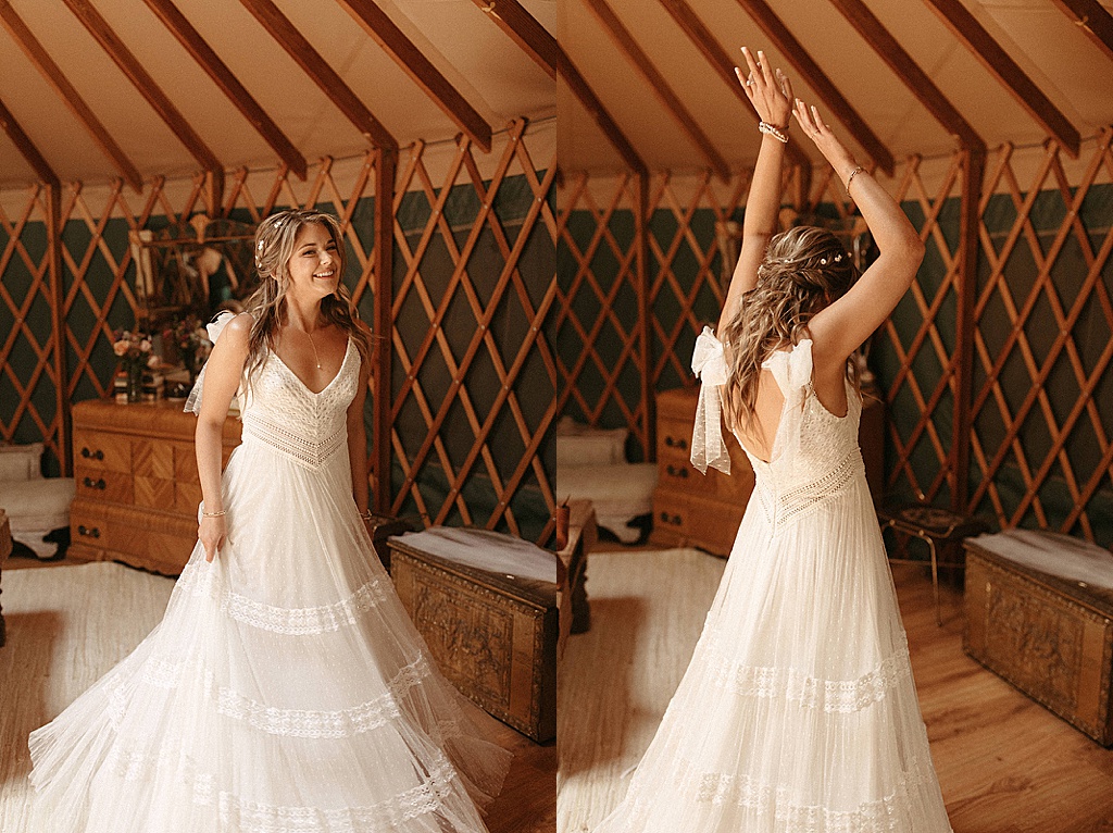 Bride spinning in dress at Big Sur Bohemian Wedding Photographed by Nicole Kirshner