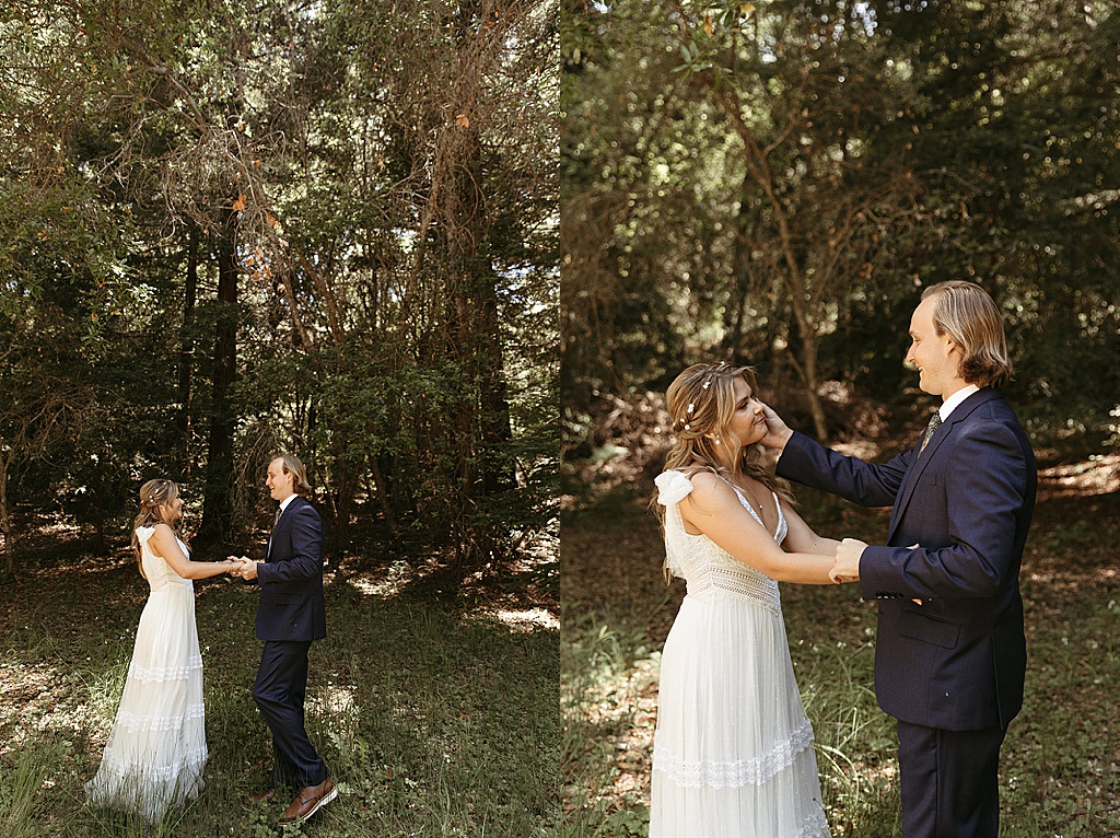 Bride and groom first look at Big Sur Bohemian Wedding Photographed by Nicole Kirshner