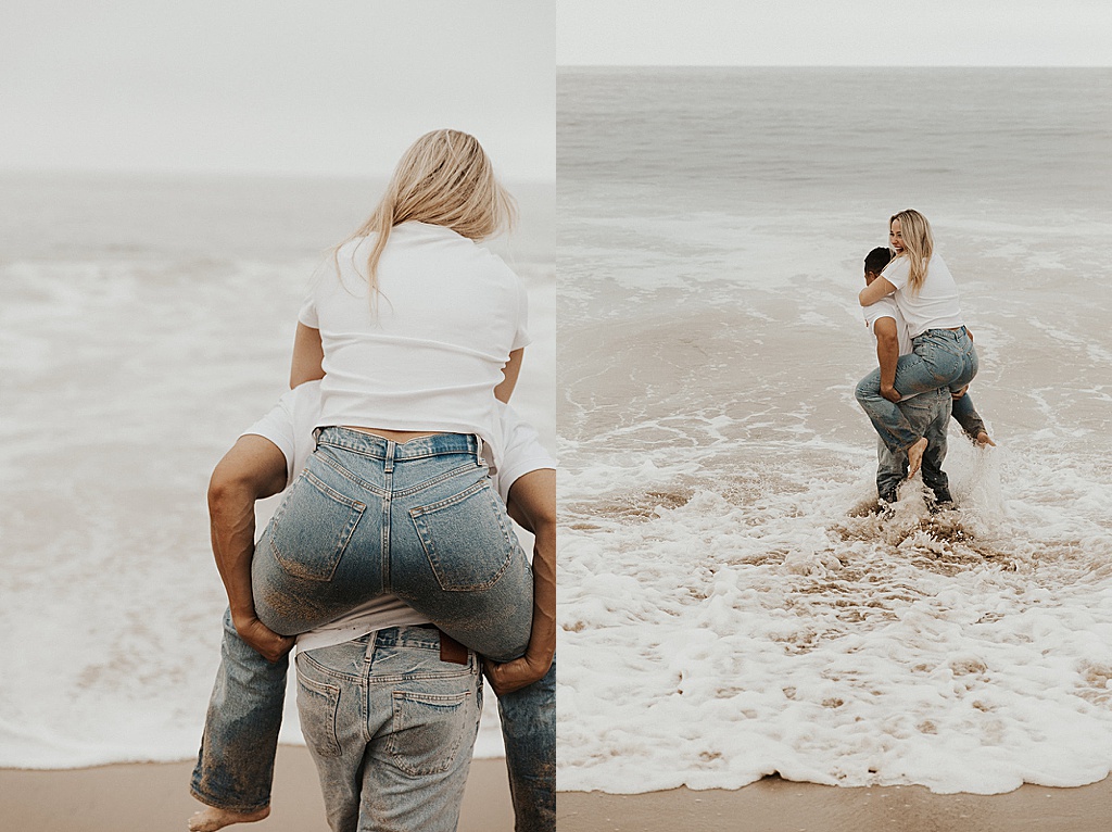 Couple in water during beach engagement photoshoot in Laguna Beach photographed by NICOLE KIRSHNER