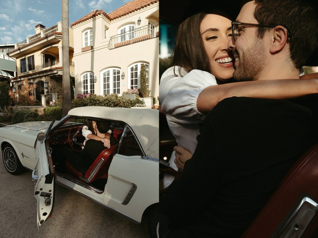 Orange County Beach Couples Session with convertible car Photographed by NICOLE KIRSHNER